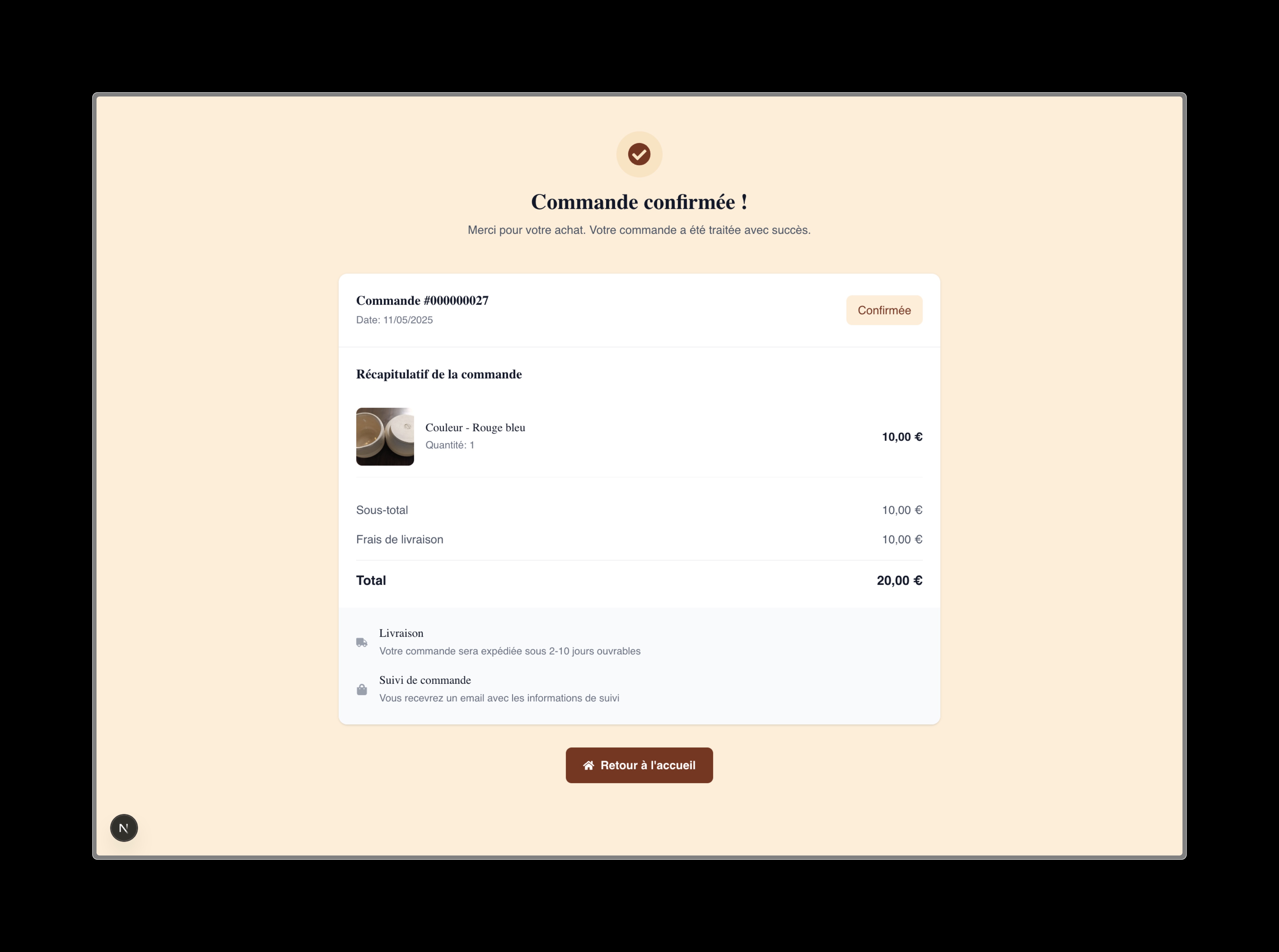 Confirmation de commande sur serjaq.fr